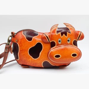 Handmade Genuine Leather Brown Cow Crossbody Bag - Phone Pouch, Mini Bag, Cartoon Bag, Shoulder Bag, Animal-themed Bag