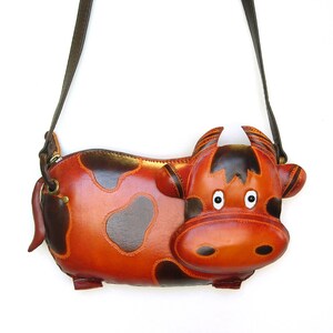 Handmade Genuine Leather Brown Cow Crossbody Bag - Phone Pouch, Mini Bag, Cartoon Bag, Shoulder Bag, Animal-themed Bag