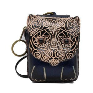Handmade Genuine Leather Sugar Skull Cat Coin Purse / Wristlet / Wallet / Bag Charm / Christmas Gift / Holiday Gift