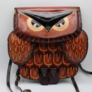 Genuine Handmade Leather Large Owl purse backpack crossbody multi use