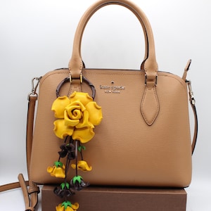 Genuine Handmade Leather Rose Flower Key Chain handbag charm yellow purse charm
