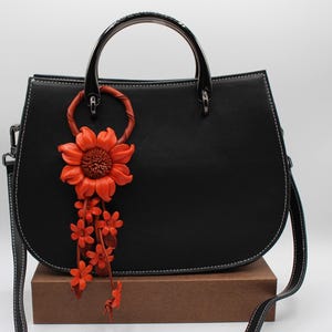 Genuine Handmade Leather Sunflower Keychain orange flower purse charm