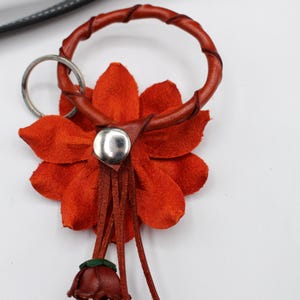 Genuine Handmade Leather Sunflower Keychain orange flower purse charm