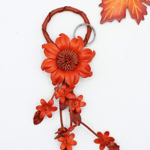 Genuine Handmade Leather Sunflower Keychain orange flower purse charm