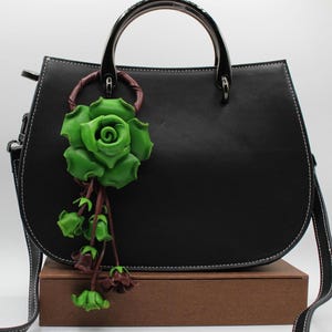 Genuine Handmade Leather Rose Flower Key Chain handbag charm green purse charm