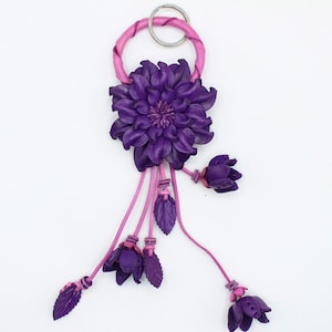Genuine Handmade Leather Flower Keychain daisy purple purse charm bag charm