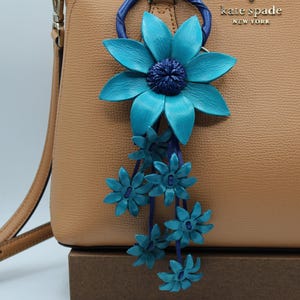 Genuine Handmade Leather Flower Keychain daisy purse charm bag charm blue
