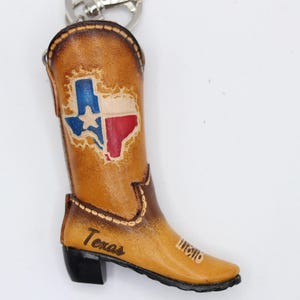 Handmade leather cowboy boot key chain personalized name drop Texas map