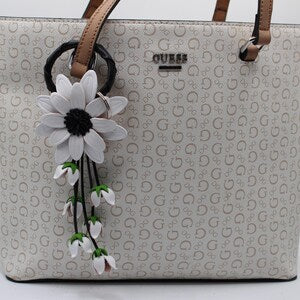 Handmade Genuine Leather Sunflower Keychain / Purse Charm / Bag Charm / Car Ornament / Flower Key Ring (White)