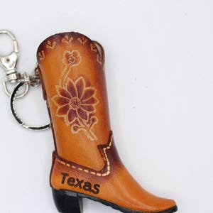 Handmade leather cowboy boot key chain personalized name drop