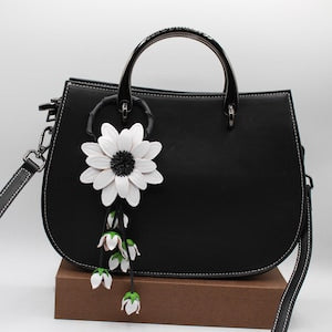 Handmade Genuine Leather Sunflower Keychain / Purse Charm / Bag Charm / Car Ornament / Flower Key Ring (White)