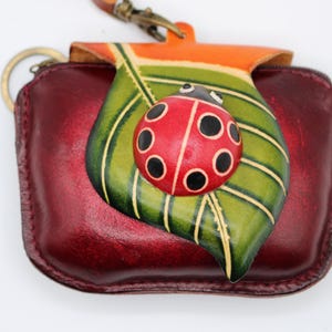 Genuine Handmade Leather Ladybug with Leaf Coin Purse / Wallet / Wristlet