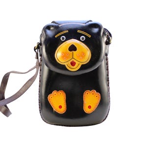 Genuine Handmade Leather Black Bear Pouch Purse / Crossbody/ Phone Bag, Shoulder Bag, Mini Bag, Animal-themed Bag, Cartoon Bag