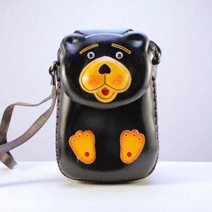 Genuine Handmade Leather Black Bear Pouch Purse / Crossbody/ Phone Bag, Shoulder Bag, Mini Bag, Animal-themed Bag, Cartoon Bag