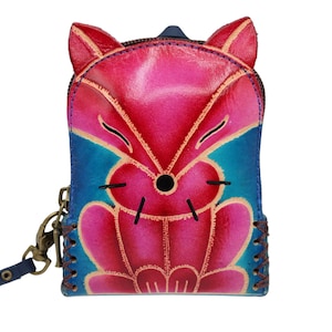 Genuine Handmade Leather fox Wristlet mini backpack/ Coin Purse / Wallet /change purse