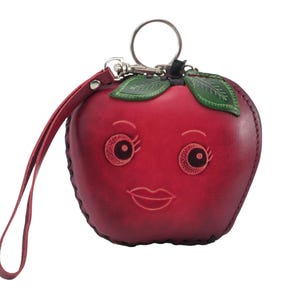 Genuine Handmade Leather Apple-shaped Coin Purse, Wallet , Wristlet ,Smile Face Coin Pouch, Fruit-themed Coin Wallet