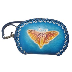 Genuine Handmade Leather Butterfly Wristlet / Coin Purse / Wallet/Painted Small Wallet/Card Holder/ Candy Pouch