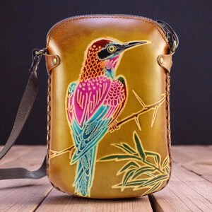 Genuine Handmade Leather Hummingbird Purse , Crossbody, Phone Bag, Shoulder Bag, Mini Bag, Animal-themed Bag, Cartoon Bag