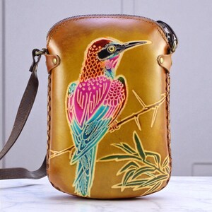 Genuine Handmade Leather Hummingbird Purse , Crossbody, Phone Bag, Shoulder Bag, Mini Bag, Animal-themed Bag, Cartoon Bag