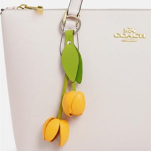Genuine Handmade Leather Flower Keychain tulip purse charm bag charm yellow