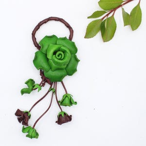 Genuine Handmade Leather Rose Flower Key Chain handbag charm green purse charm