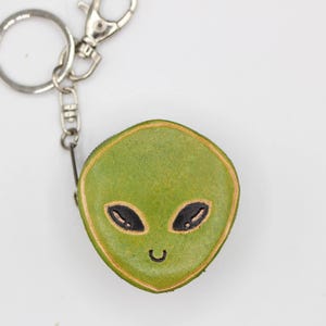 Green Genuine Handmade Leather Alien Keychain / Key Ring / Small Pendant / Car Key Pendant, Festival Gift, alien tiny purse