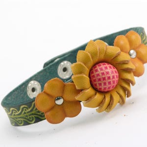 Genuine Handmade Leather Sunflower Bracelet - Festival Small Gift, Jewelry with personalize name drop