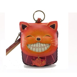 cat/wristlet/coin purse/leather/ key chain/wallet/lucky cat/ maneki-neko