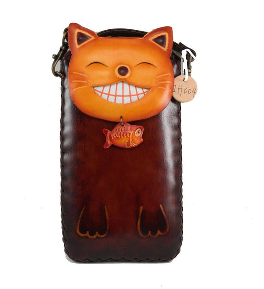 Handmade Genuine Leather Happy Cat XXL Cell Phone Case / Crossbody Bag / Cartoon Animal Phone Bag / Small Crossbody Bag / Mini Bag