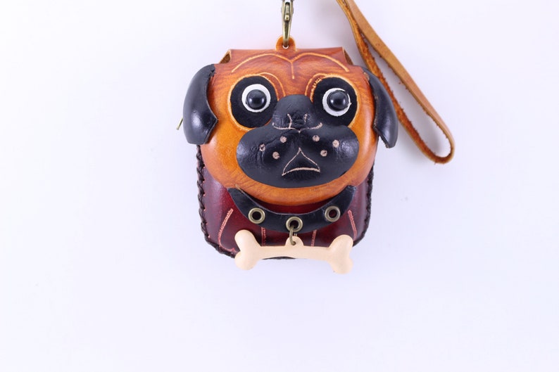 Handmade Leather Pug-with-Bone Wristlet Coin Purse - Coin Pouch, Cartoon Coin Purse, Animal Small Bag Dog Coin Purse