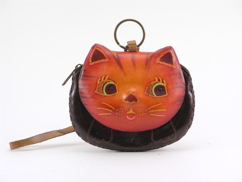 Genuine Handmade Leather Happy Cat Wristlet / Coin Purse / Wallet