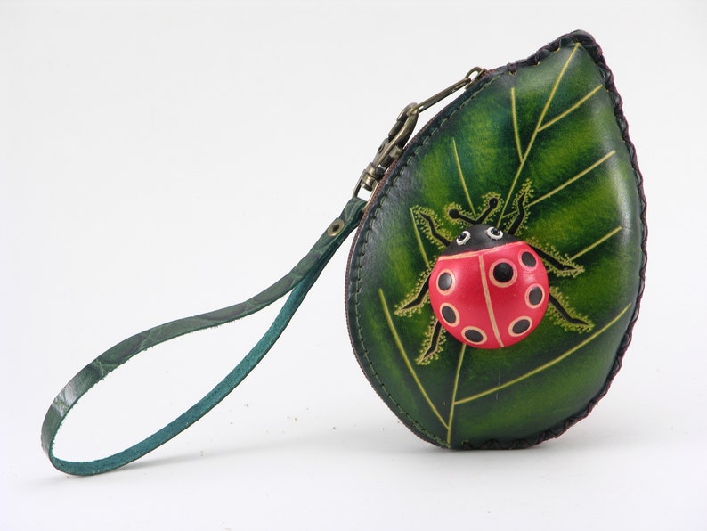 Genuine Handmade Leather Ladybug with Leaf Coin Purse / Wallet / Wristlet