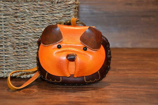 handmade leather dog with bone wristlet coin purse wallet pug