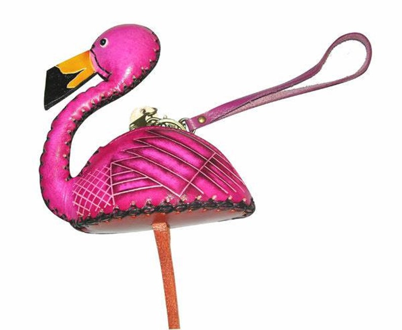 Genuine Handmade Leather Flamingo Wristlet / Coin Purse / Wallet - Animal-themed Mini Bag, Coin Pouch, Original Design, Hand-painted