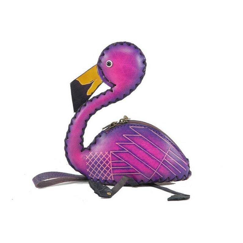 Genuine Handmade Leather Flamingo Wristlet / Coin Purse / Wallet - Animal-themed Mini Bag, Coin Pouch, Original Design, Hand-painted