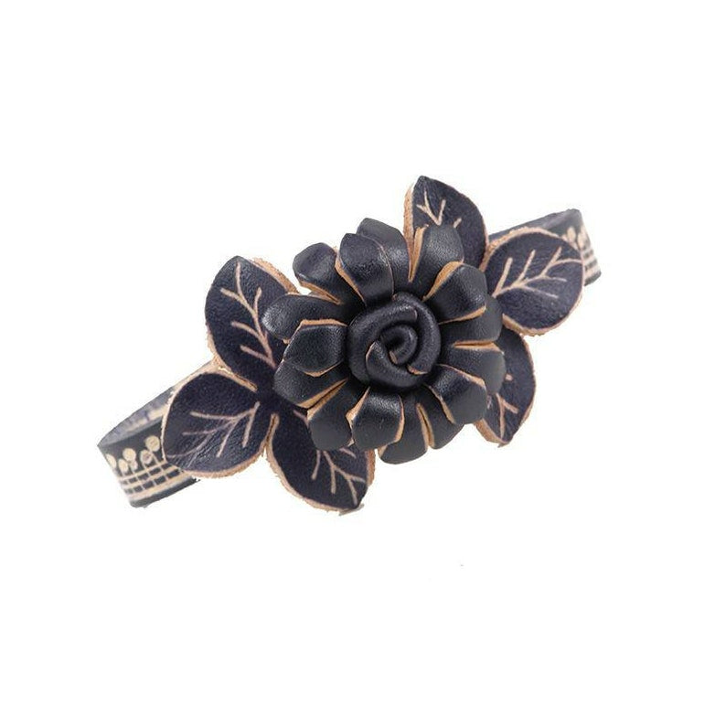 Handmade Genuine Leather Black Flower Bracelet, Floral Jewelry, Leather Bracelet, Christmas Bracelet