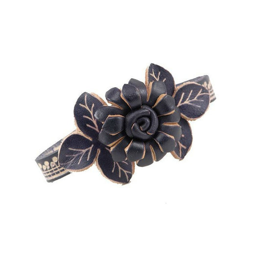 Handmade Genuine Leather Black Flower Bracelet, Floral Jewelry, Leather Bracelet, Christmas Bracelet