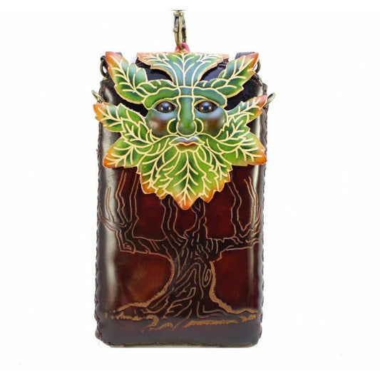 Genuine Handmade Leather Green Treeman Cell Phone Case / Cross Body Purse