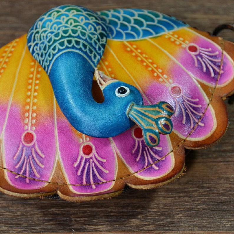 Genuine Handmade Leather Peacock Wristlet / Coin Purse / Wallet