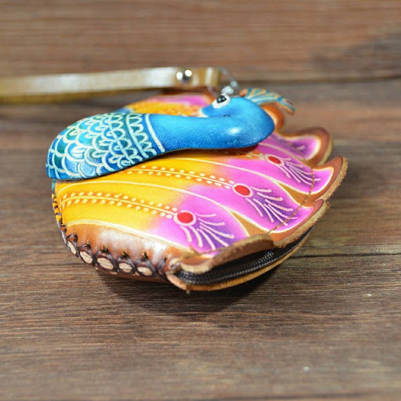 Genuine Handmade Leather Peacock Wristlet / Coin Purse / Wallet
