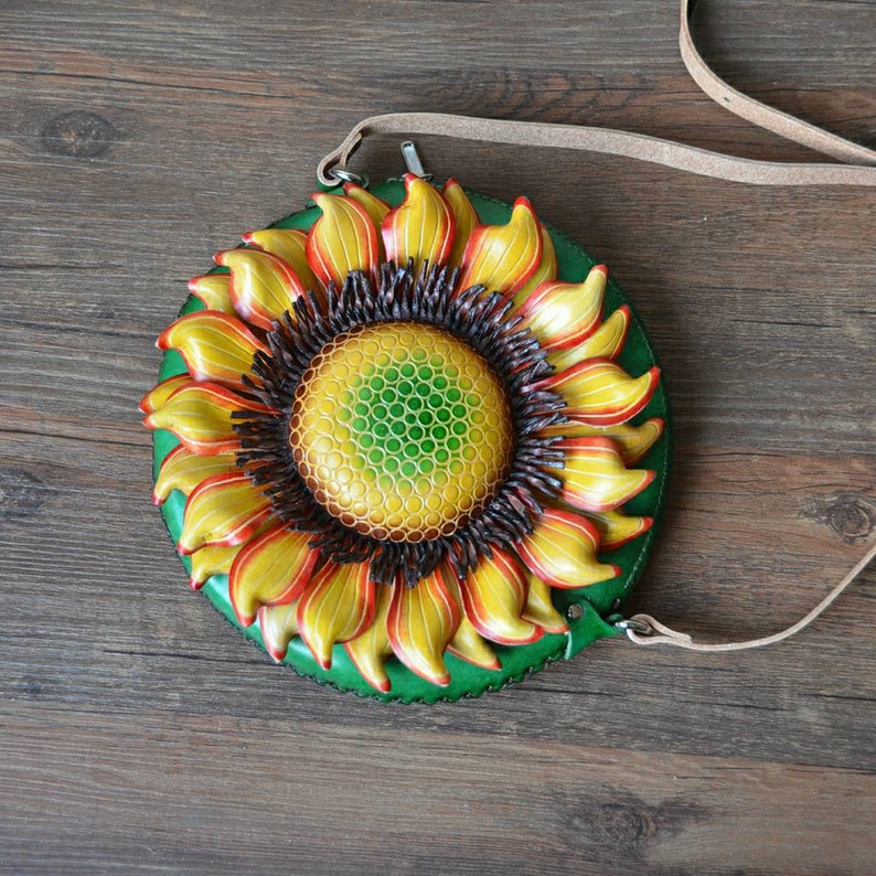Handmade Genuine Leather 3D Sunflower Crossbody Purse