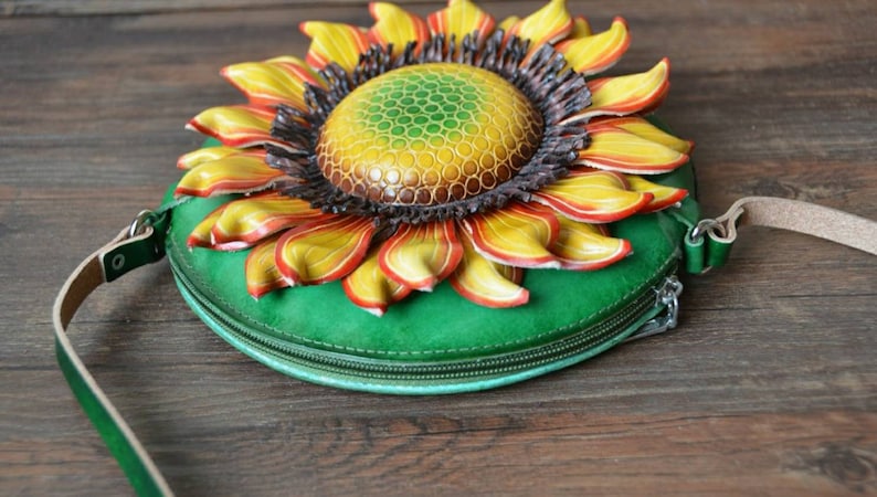 Handmade Genuine Leather 3D Sunflower Crossbody Purse