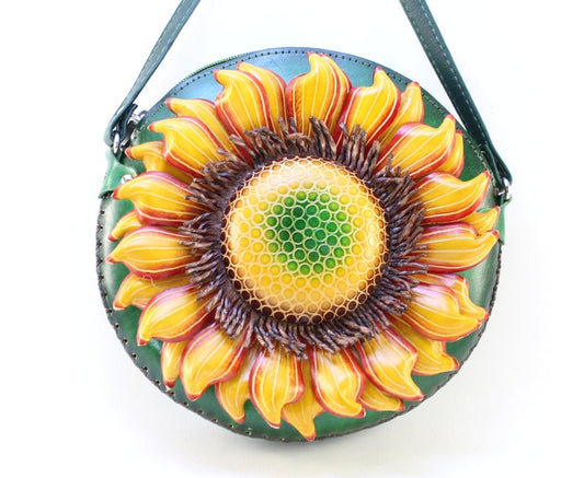Handmade Genuine Leather 3D Sunflower Crossbody Purse