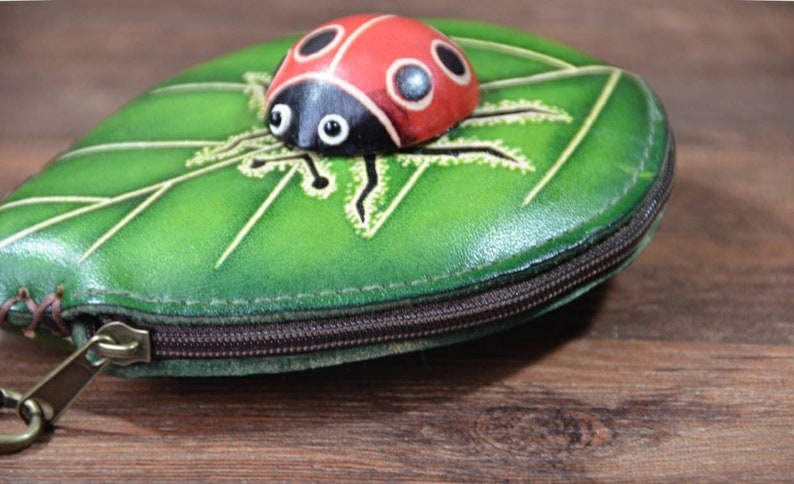 Genuine Handmade Leather Ladybug with Leaf Coin Purse / Wallet / Wristlet