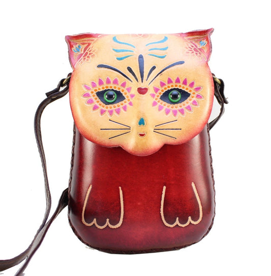 Handmade Genuine Leather Sugar Skull Cat Purse / Crossbody