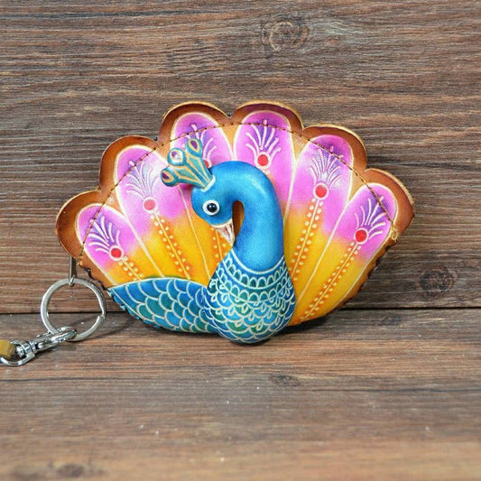 Genuine Handmade Leather Peacock Wristlet / Coin Purse / Wallet