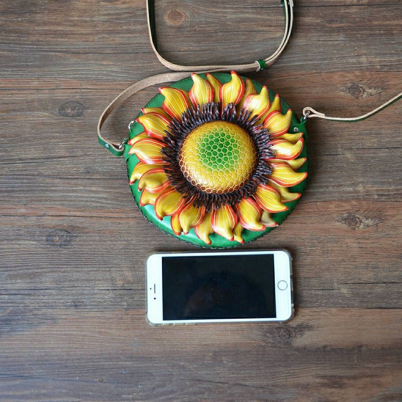 Handmade Genuine Leather 3D Sunflower Crossbody Purse