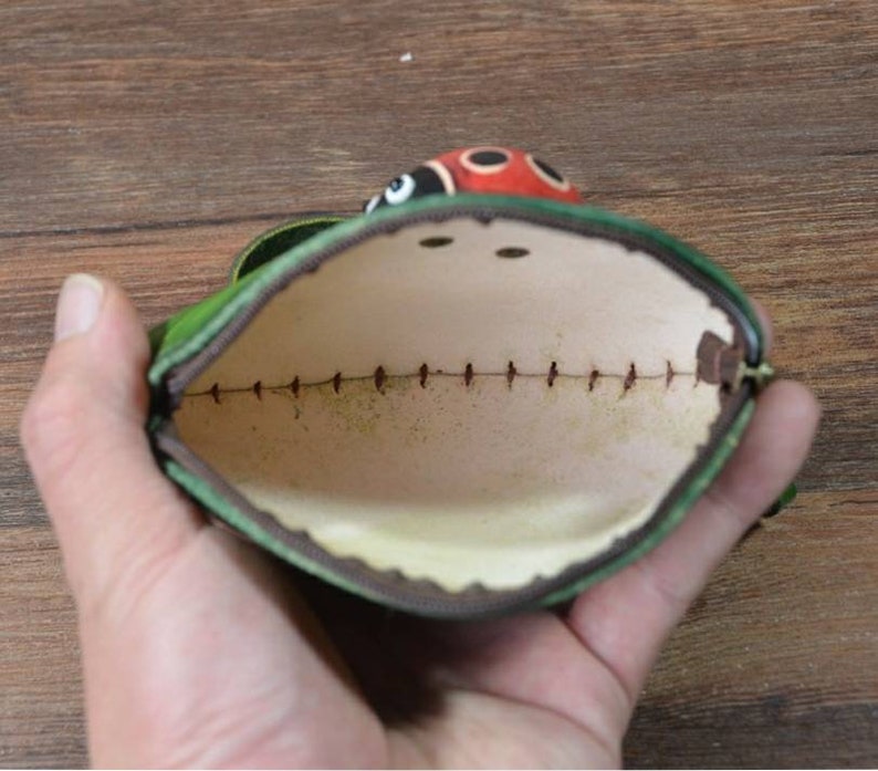 Genuine Handmade Leather Ladybug with Leaf Coin Purse / Wallet / Wristlet
