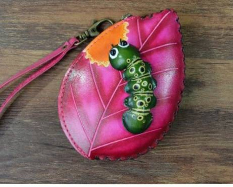 Genuine Handmade Leather Caterpillar on Leaf Coin Purse