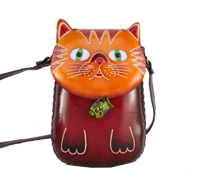 Handmade Genuine Leather Cat with Fish Purse - Crossbody Bag, Phone Bag, Animal Bag, Cartoon Bag, Mini Bag